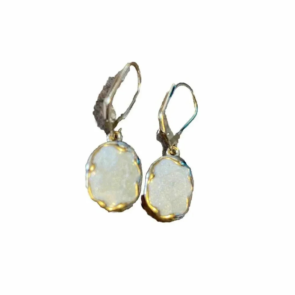 VTG Oval Ivory Gemstones Gold Drop Earrings